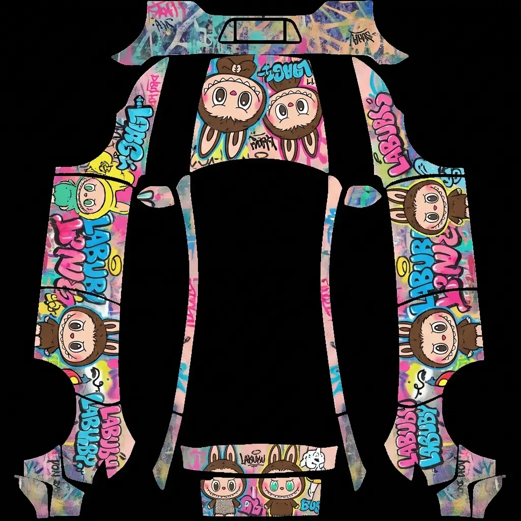 Labubu Street Monster Graffiti Tesla Model Y Juniper Performance wrap texture - Densely packed street graffiti wrap showcasing Pop Mart Labubu monster character illustrations, drip
