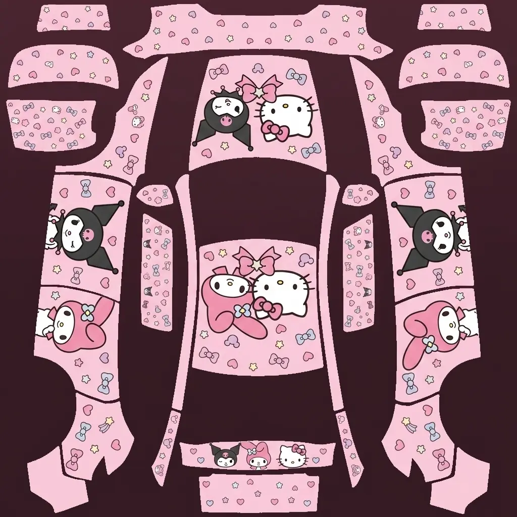 Sanrio Sweetheart Pastel Collage Tesla Model Y Juniper Premium wrap texture - Full-body soft pastel pink vinyl wrap adorned with illustrated character portraits of Hello Kitty, M