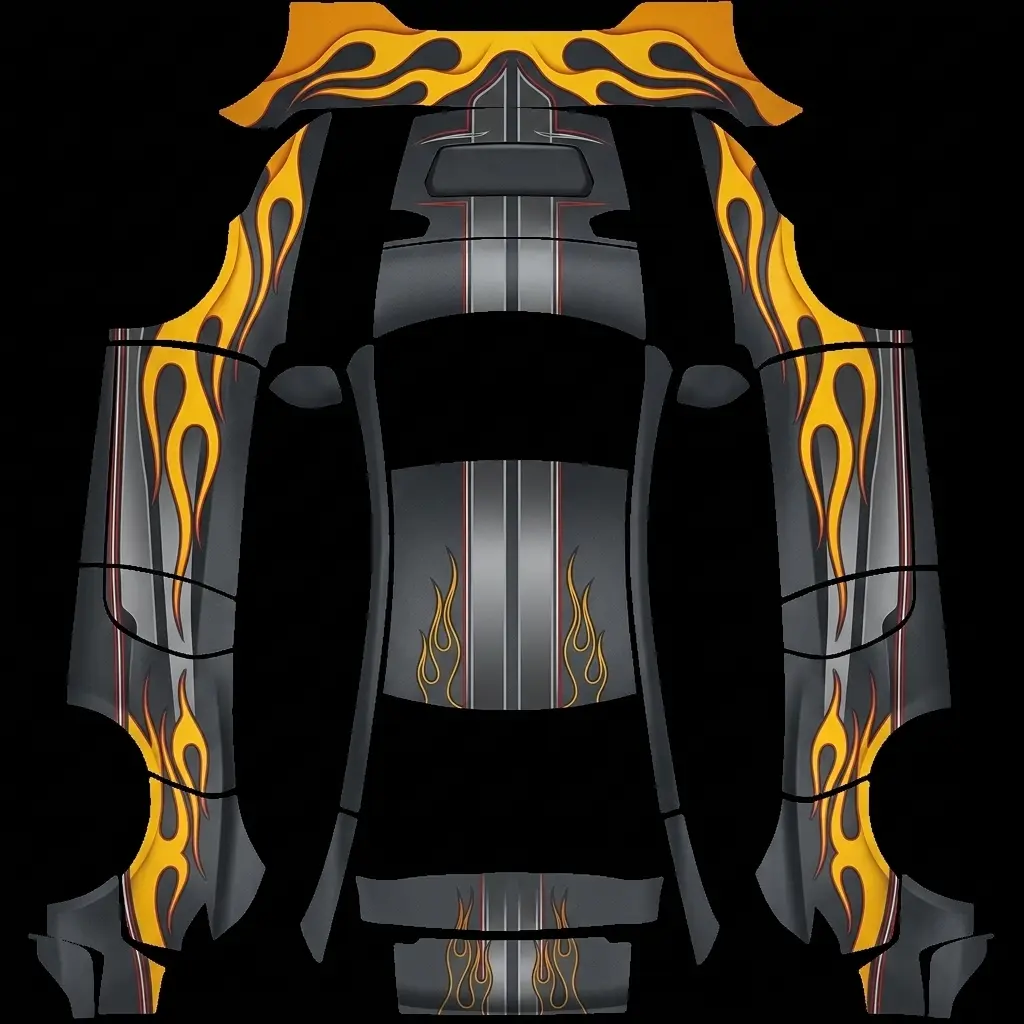 Mountain Gray Matte Hot Fire Tesla Model Y Juniper Performance wrap texture - Satin mountain gray automotive wrap accented by vibrant golden-yellow and orange airbrushed flame li