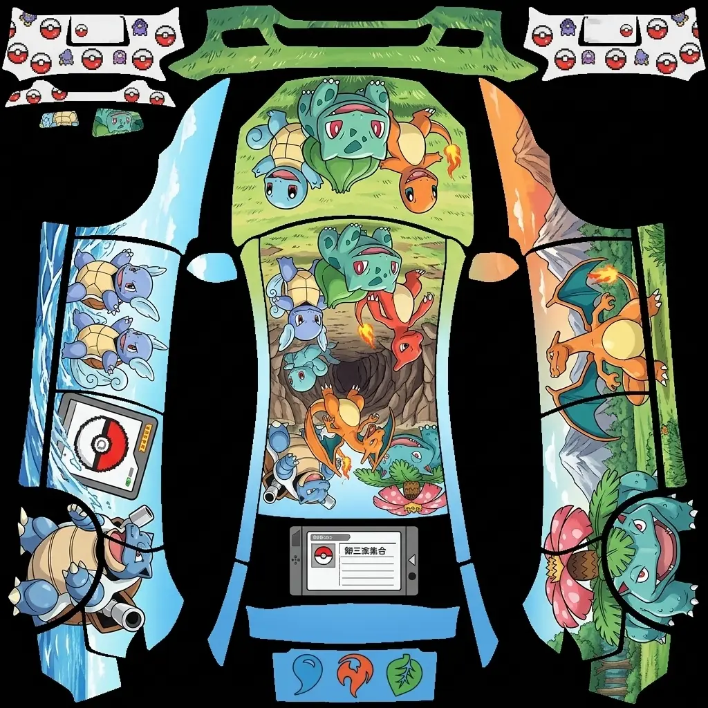 Pokemon Kanto Starter Trio Tesla Model Y Juniper Premium wrap texture - Pastel sky blue and leaf green automotive wrap featuring illustrated character artwork of classic Ka