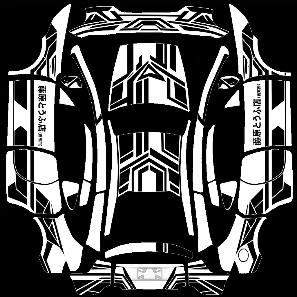 Initial D Angular Drift Tribute Tesla Model Y L wrap texture - Create an Initial D inspired white vehicle wrap with bold black angular bands across the hood, doors