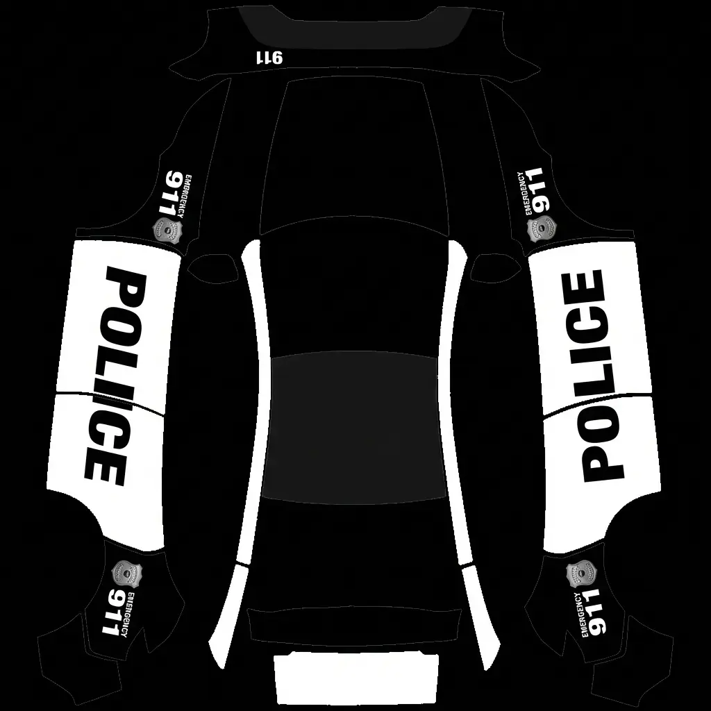American 911 Police Cruiser Tesla Model Y Juniper Premium wrap texture - Traditional black and white American police interceptor wrap featuring gloss black hood and trunk, s