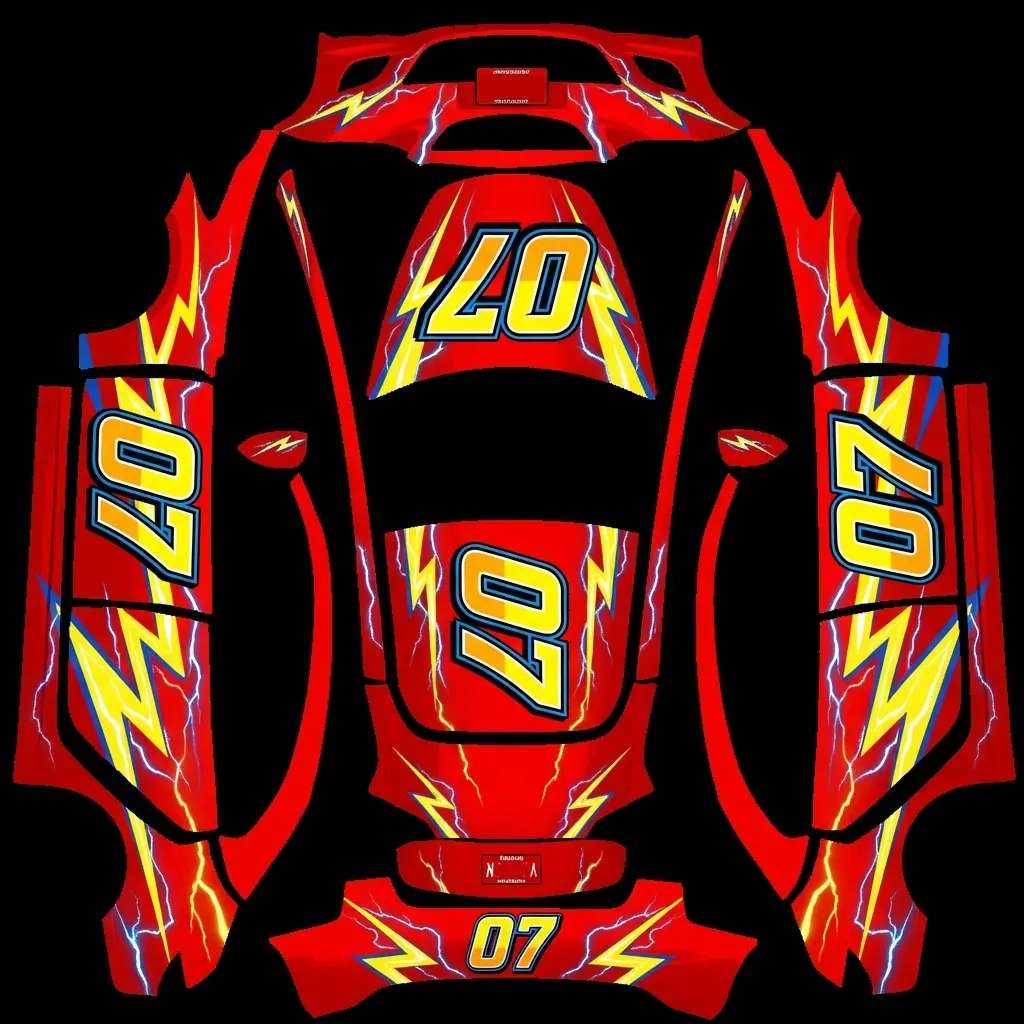 Lightning McQueen Inspired Racer 007 Tesla Model 3 (Classic) wrap texture - Create a red Cars inspired racing wrap with large yellow lightning flashes on the doors and number 0