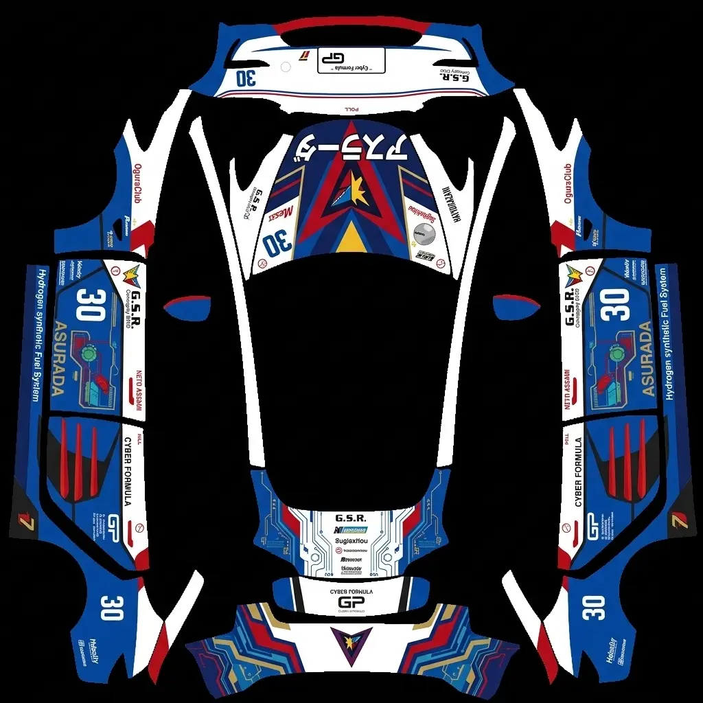 Thunderbolt Circuit Racer Number 30 Tesla Model 3 (Classic) wrap texture - Dynamic touring car racing wrap in clean white, royal blue, and crimson red, featuring bold competit