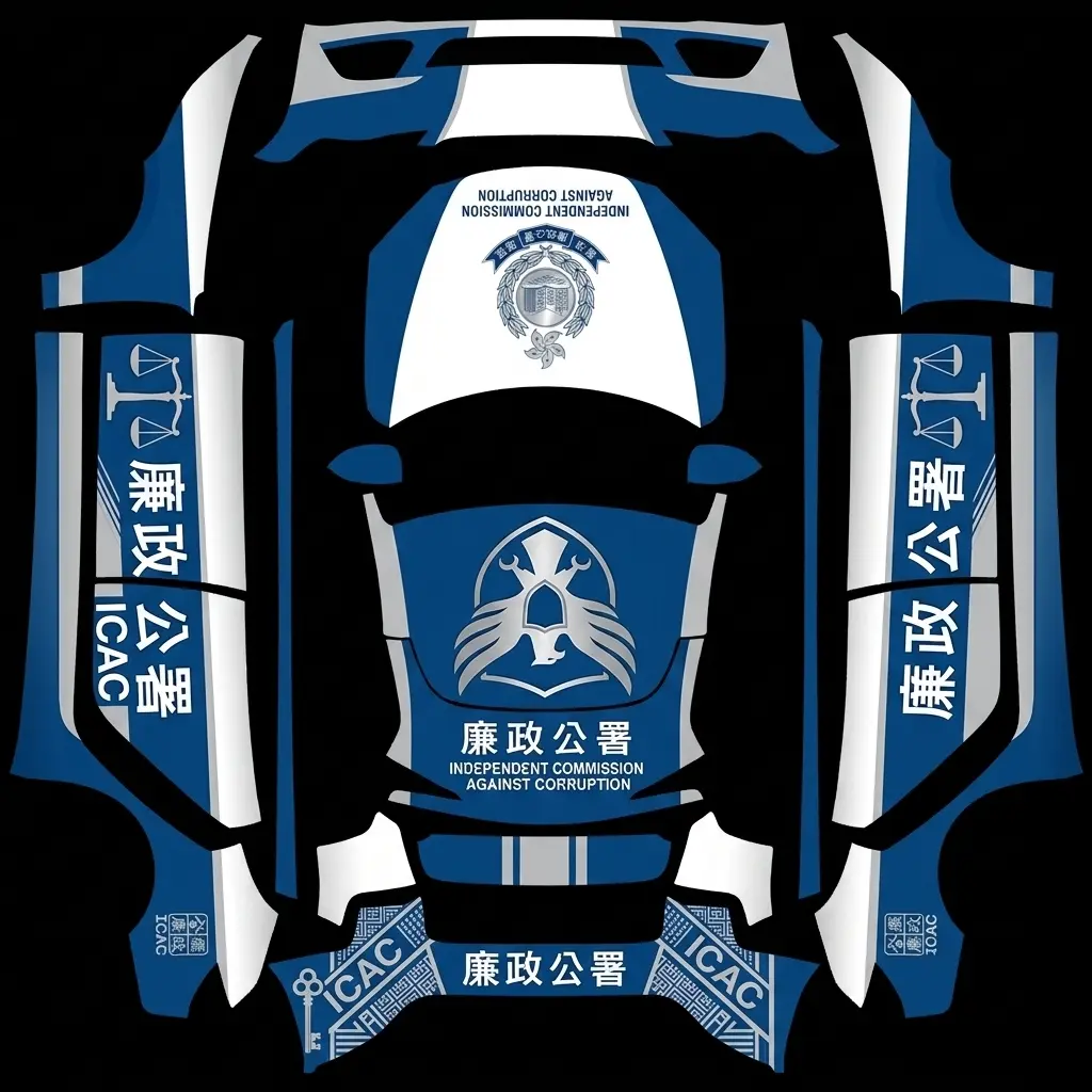 ICAC Blue Fleet Tribute Tesla Model 3 Highland wrap texture - Create a fictional ICAC inspired blue and white fleet wrap with large side lettering, small door ins