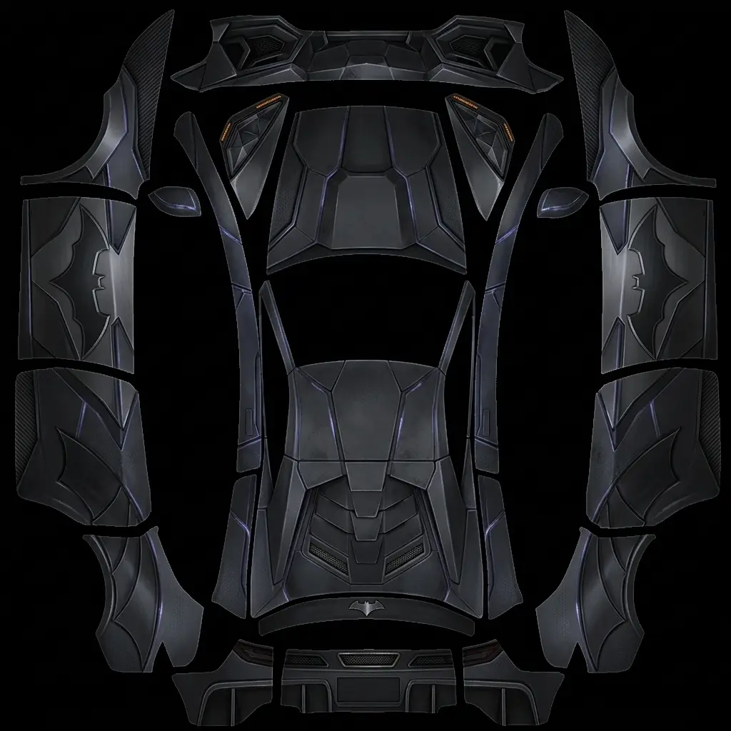 Dark Knight Stealth Interceptor Tesla Model Y L wrap texture - Satin matte midnight charcoal wrap channeling Batman's Tumbler Batmobile, featuring subtle geometric