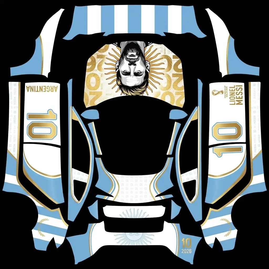 Messi 10 Argentina World Cup Tesla Model 3 Highland wrap texture - Sky blue and white vertical soccer jersey stripes honoring Lionel Messi, featuring prominent gold nu