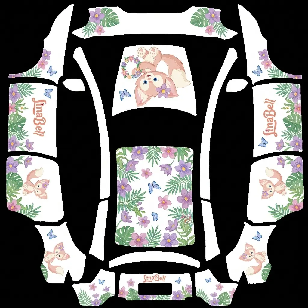 Pastel Mascot Storybook Garden Tesla Model Y L wrap texture - Pure white base automotive wrap decorated with gentle pastel illustrated animal mascots along the do