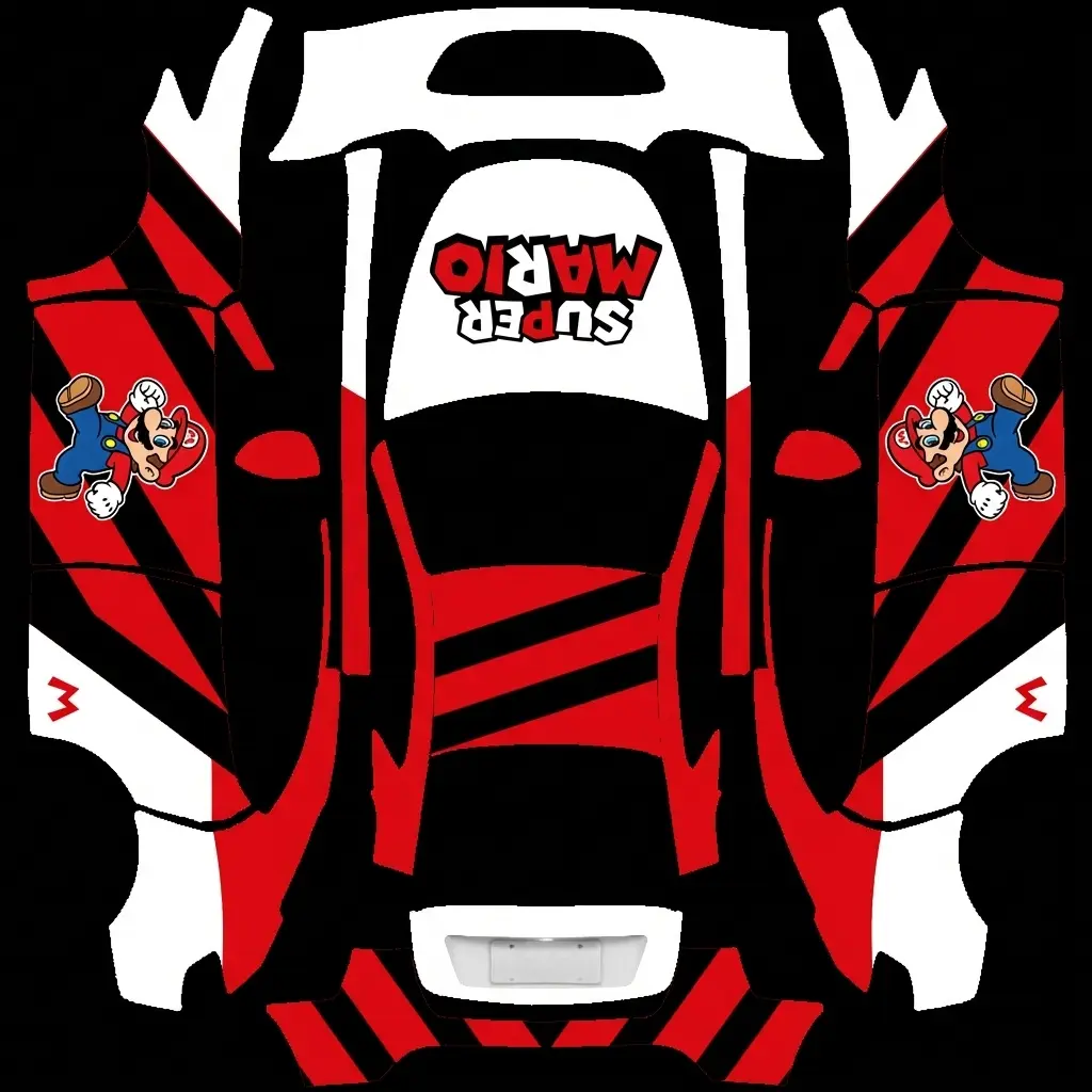 Super Mario Mushroom Kingdom Tesla Model Y (Classic) wrap texture - Clean white and scarlet red gaming wrap featuring classic Super Mario character art on the doors, fl