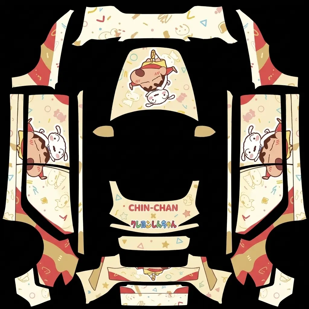 Crayon Shin-chan Cheeky Chibi Tesla Model 3 Highland wrap texture - Warm cream base vinyl wrap patterned with classic mischievous Crayon Shin-chan character faces, red 