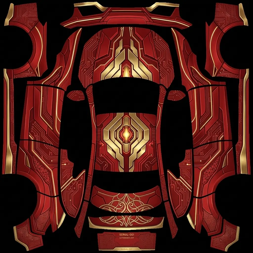Iron Man Mark Armor Crimson Tesla Model Y Juniper Premium wrap texture - Metallic hot-rod red and polished gold two-tone automotive wrap inspired by Iron Man's Mark armor, f
