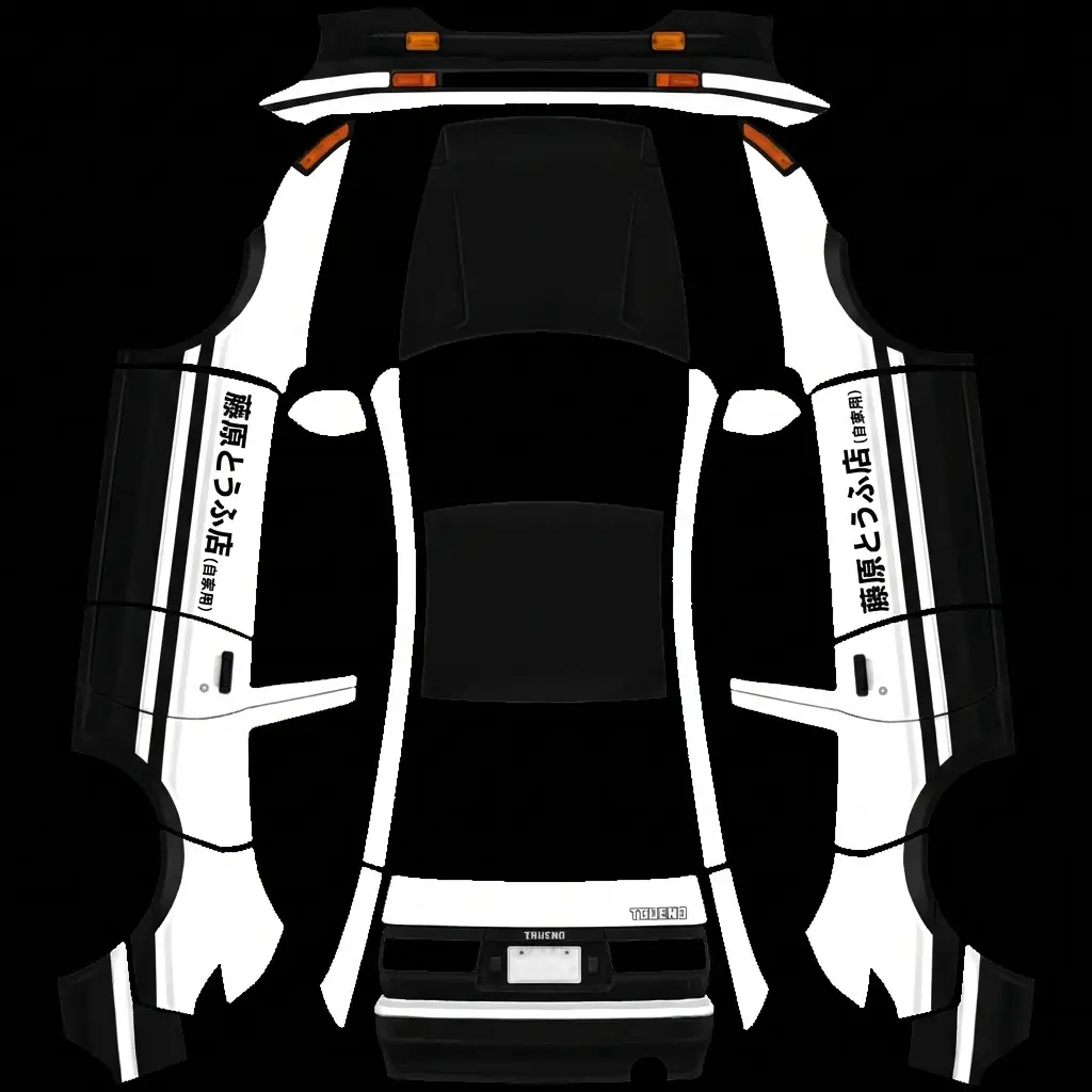 Initial D Black Hood Drift Tribute Tesla Model Y Juniper Premium wrap texture - Iconic Initial D drift wrap featuring a contrast satin black hood, crisp white body flanks emblazone