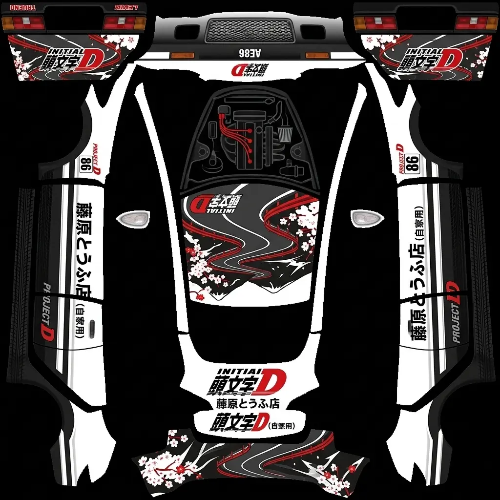 Akina Tofu AE86 Classic Tesla Model 3 (Classic) wrap texture - Pure white and satin black two-tone panda wrap inspired by the Initial D AE86 Sprinter Trueno, featu