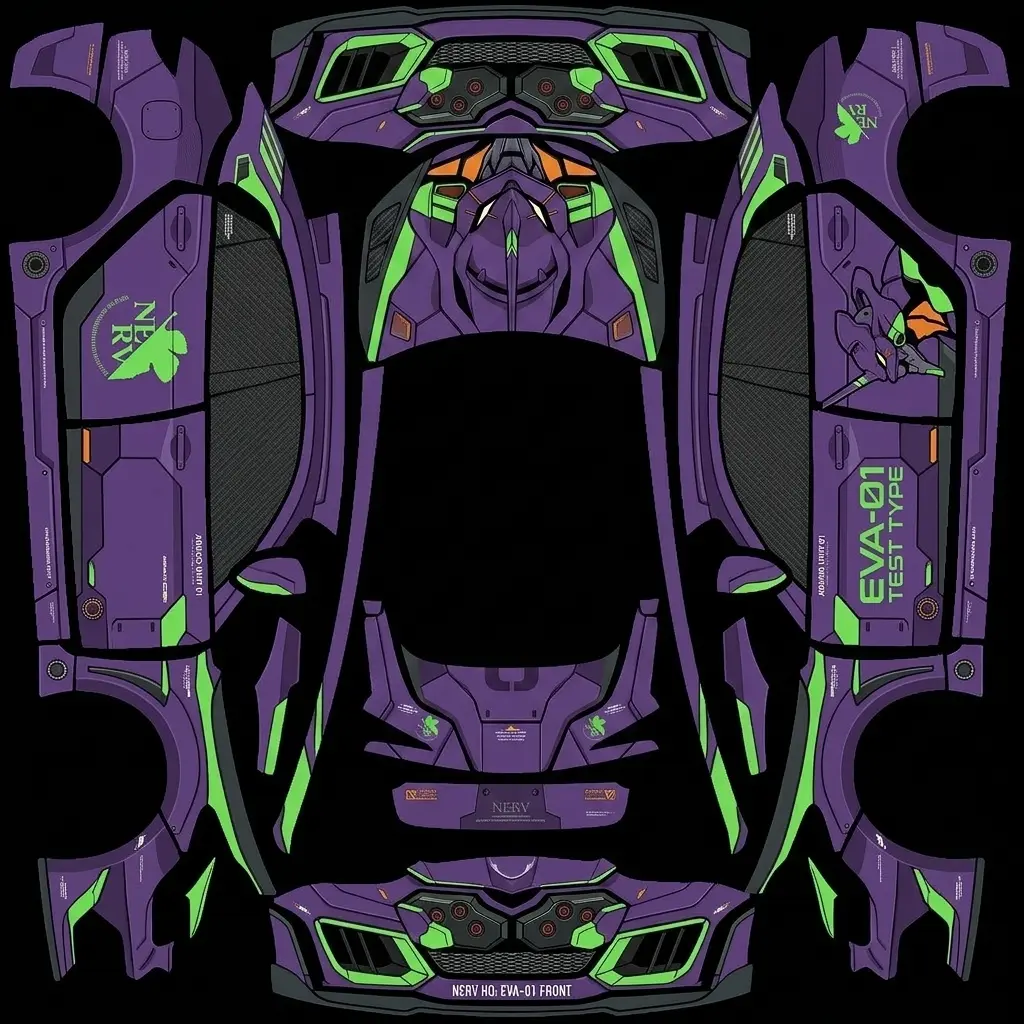Evangelion Unit-01 Awakening Livery Tesla Model 3 Highland wrap texture - Mecha anime racing wrap in deep purple and fluorescent acid green, featuring sharp geometric armor l