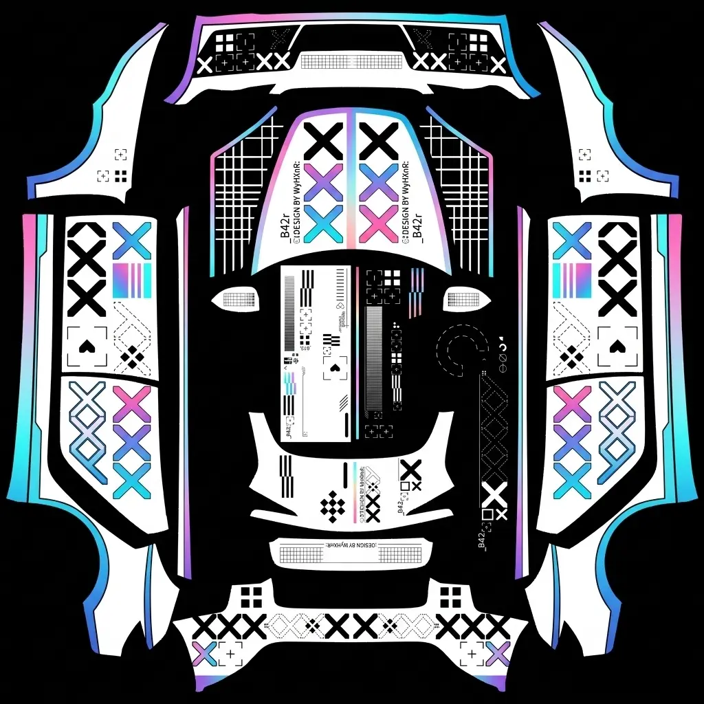 Geometric Crossline Sport Livery Tesla Model 3 Highland wrap texture - Crisp white base vinyl wrap featuring dynamic intersecting geometric cross lines in cobalt blue and 