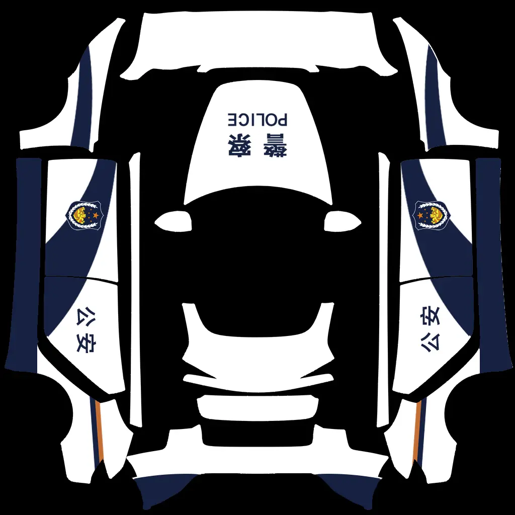Highway Patrol Interceptor Livery Tesla Model 3 Highland wrap texture - Crisp white and deep navy blue municipal police patrol wrap, featuring dual-tone door livery, high-v