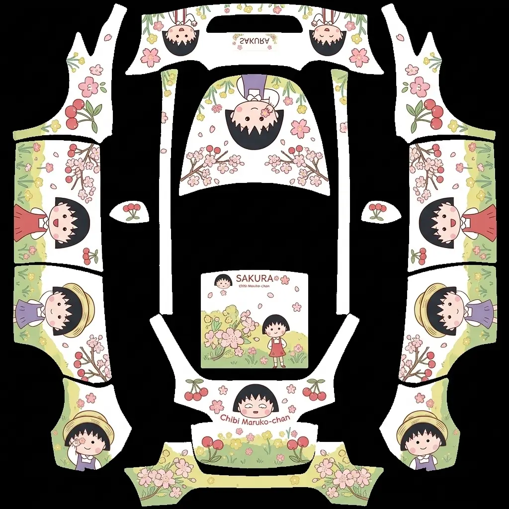 Chibi Maruko Energetic Chibi Tesla Model Y (Classic) wrap texture - Clean white base vinyl wrap decorated with expressive Chibi Maruko-chan character heads, cheerful po