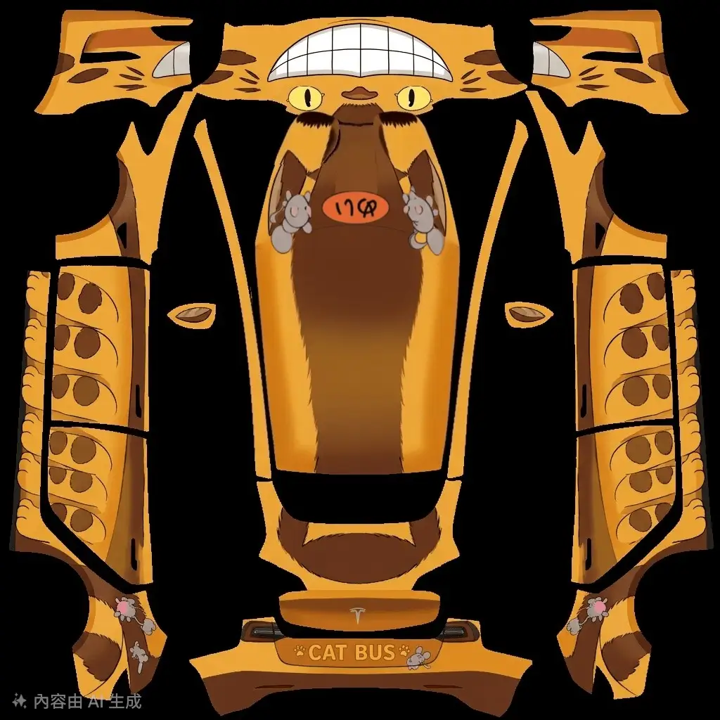 Ghibli Catbus Whimsical Journey Tesla Model 3 (Classic) wrap texture - Warm orange and golden amber wrap celebrating the Ghibli Catbus, featuring large friendly feline cha