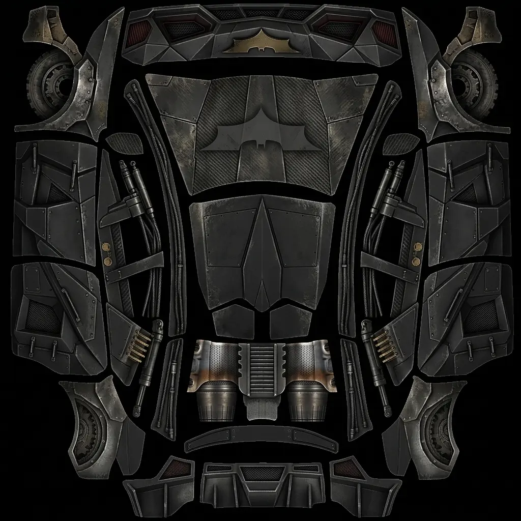 Gotham Batmobile Tactical Armor Tesla Model Y L wrap texture - Textured matte carbon black and gunmetal wrap inspired by the Dark Knight Batmobile, featuring angul