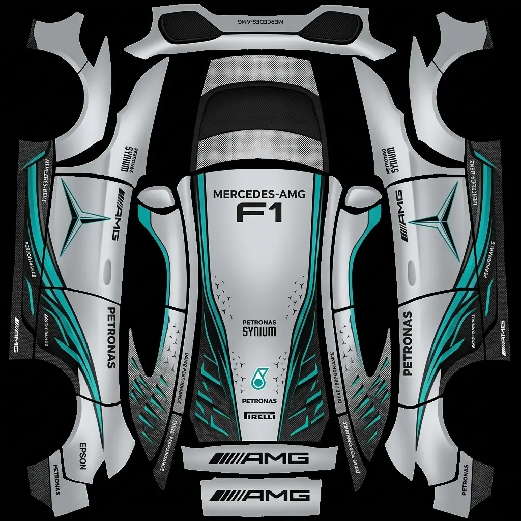 Silver Arrow Mercedes F1 Tribute Tesla Model Y Juniper Premium wrap texture - Motorsport wrap inspired by Mercedes F1 Silver Arrows, featuring liquid metallic silver bodywork, Pe