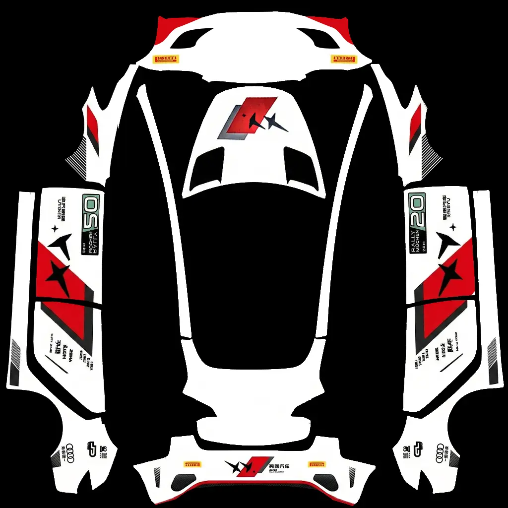 Pegasus Rally Shard Livery Tesla Model 3 (Classic) wrap texture - Create a white rally-inspired vehicle wrap with sharp red and black shards across the hood and side 