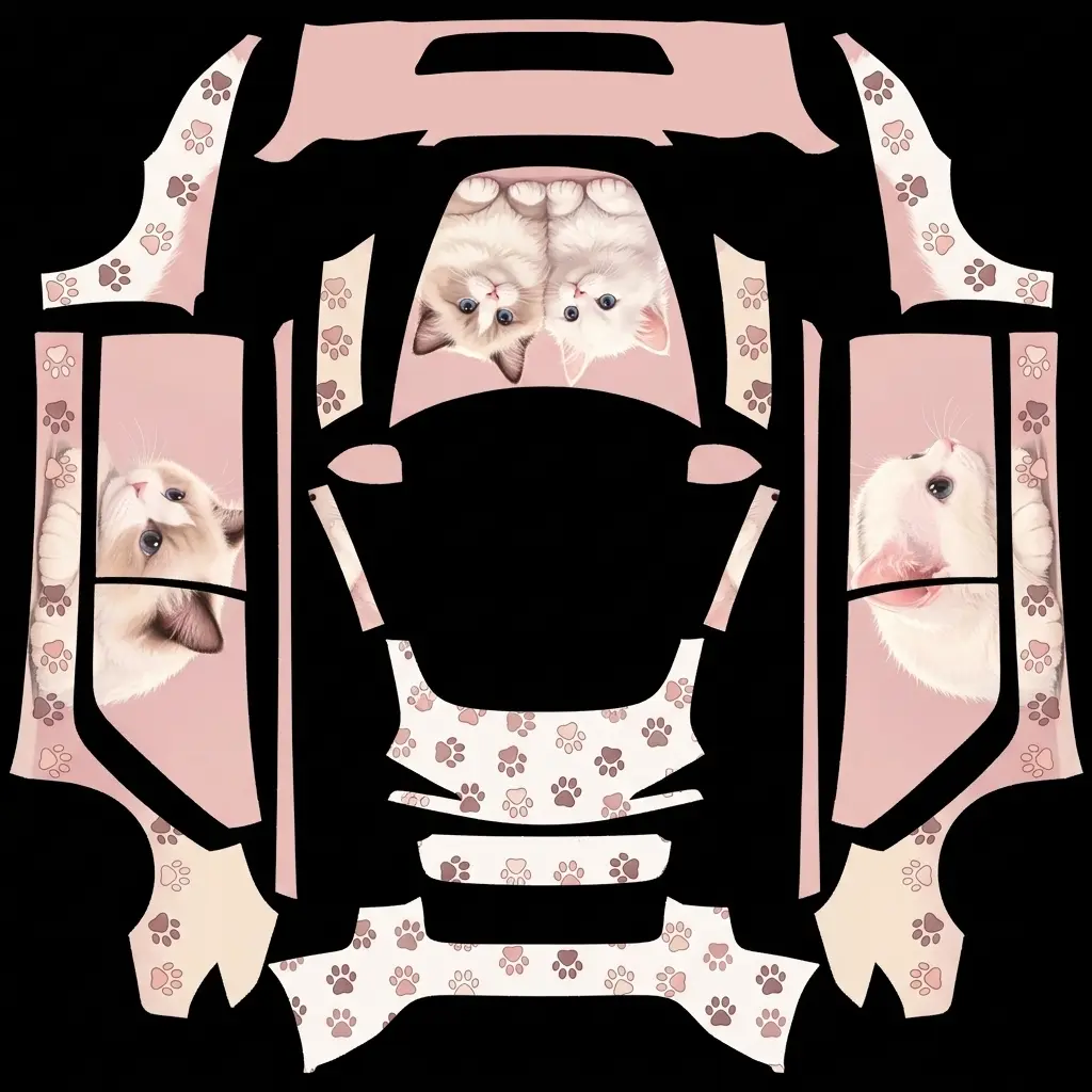 Playful Feline Paws Duo Tesla Model 3 Highland wrap texture - Gloss baby pink and pure white wrap featuring illustrated twin cat portraits together on the front h