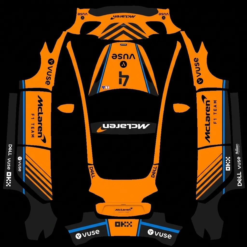 Papaya McLaren F1 Livery Tesla Model 3 (Classic) wrap texture - High-visibility Papaya Orange and satin black Formula 1 inspired livery, featuring sharp geometric a