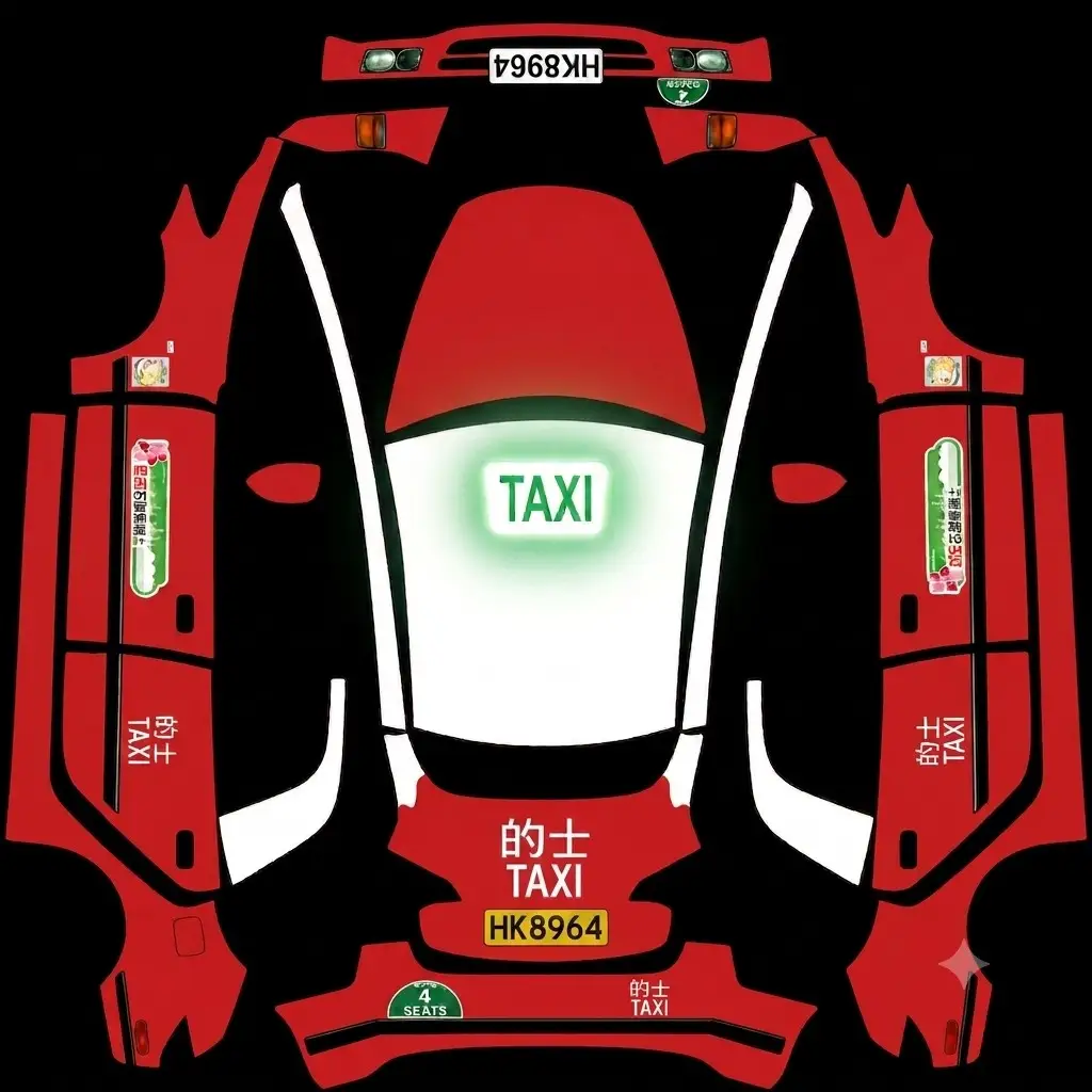 Scarlet Rally Sponsor Edition Tesla Model 3 (Classic) wrap texture - Create a red rally-inspired vehicle wrap with dark hood stripes and layered sponsor-style door panel