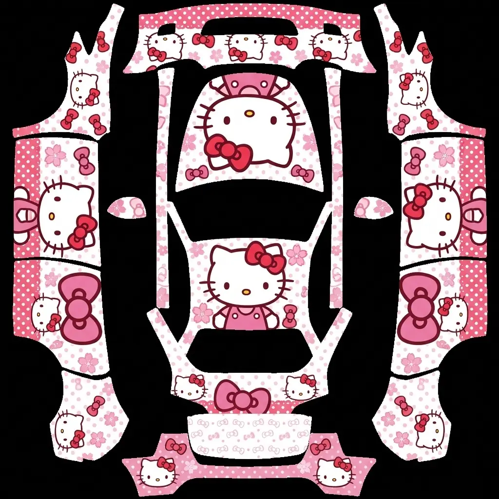 Hello Kitty Sweet Bow Blossom Tesla Model Y (Classic) wrap texture - Pure white and baby pink gloss wrap adorned with a repeating pattern of cute Hello Kitty cat silhoue