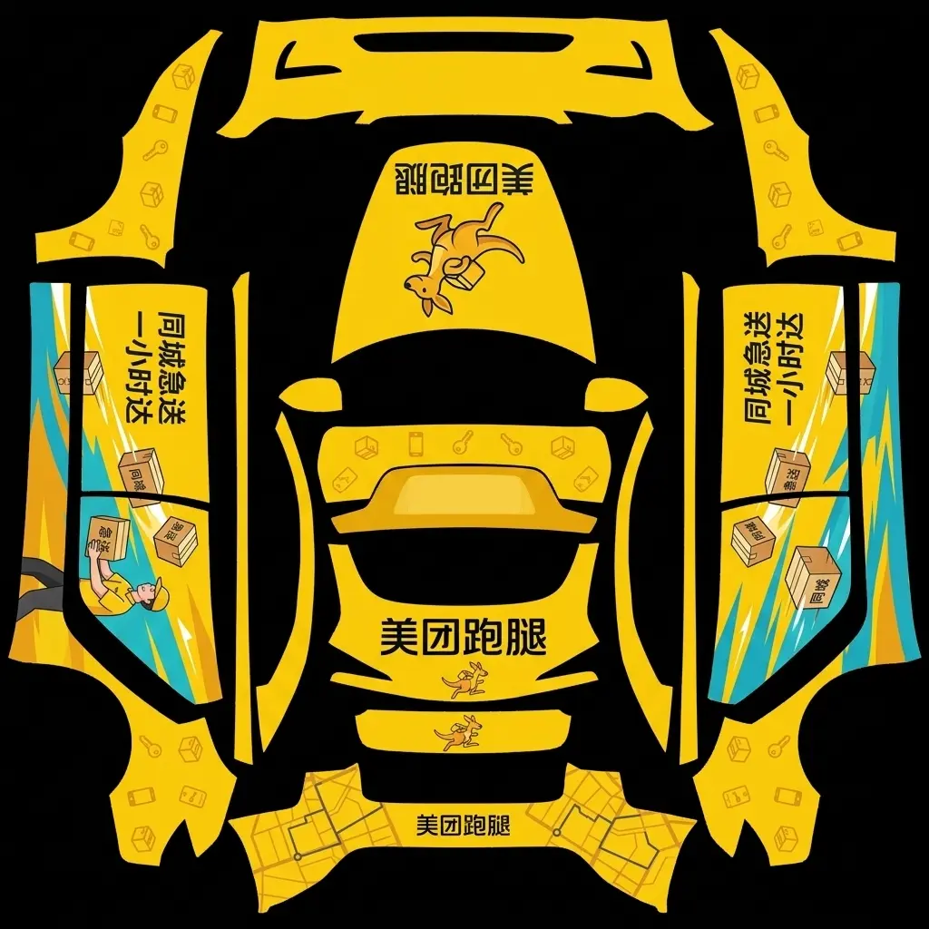 Lightning Courier Yellow Fleet Tesla Model 3 Highland wrap texture - Create a yellow delivery-fleet-inspired vehicle wrap with a cartoon kangaroo courier mascot on the s