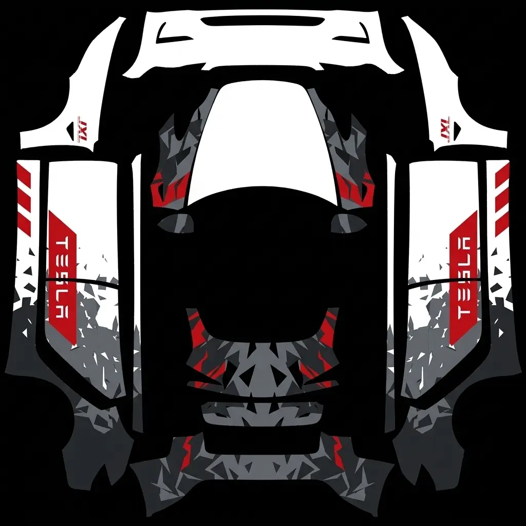 Tesla Scarlet Side Contrast Tesla Model 3 Highland wrap texture - Create a white vehicle wrap with black and scarlet side graphic blocks and bold Tesla lettering on t