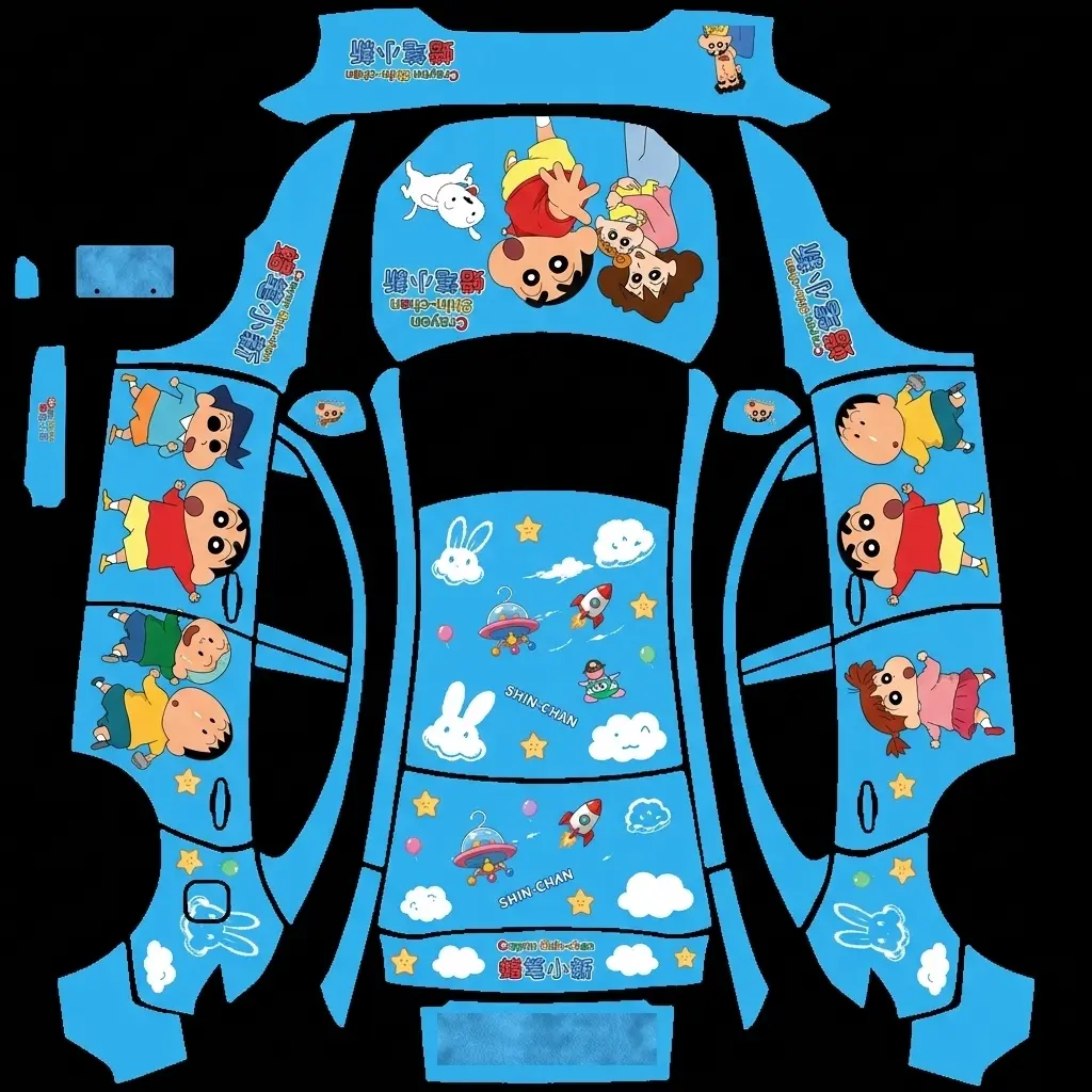 Crayon Shin-chan Sky Blue Pop Livery Tesla Model Y Juniper Premium wrap texture - Light powder blue automotive wrap featuring colorful sticker collages of a rambunctious anime toddle
