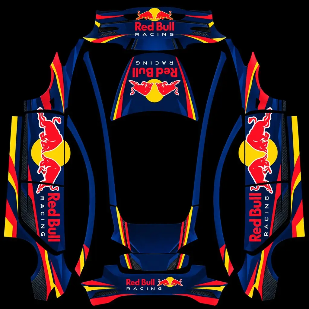 Red Bull Racing Charge Tesla Model 3 (Classic) wrap texture - Matte midnight navy racing wrap featuring the iconic charging red and yellow bulls on the engine hoo