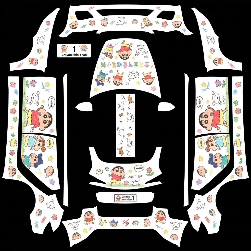 Crayon Shin-chan Cheeky Chibi Mashup Tesla Model 3 Highland wrap texture - Clean white base vinyl wrap patterned with classic mischievous Crayon Shin-chan character sketches, 