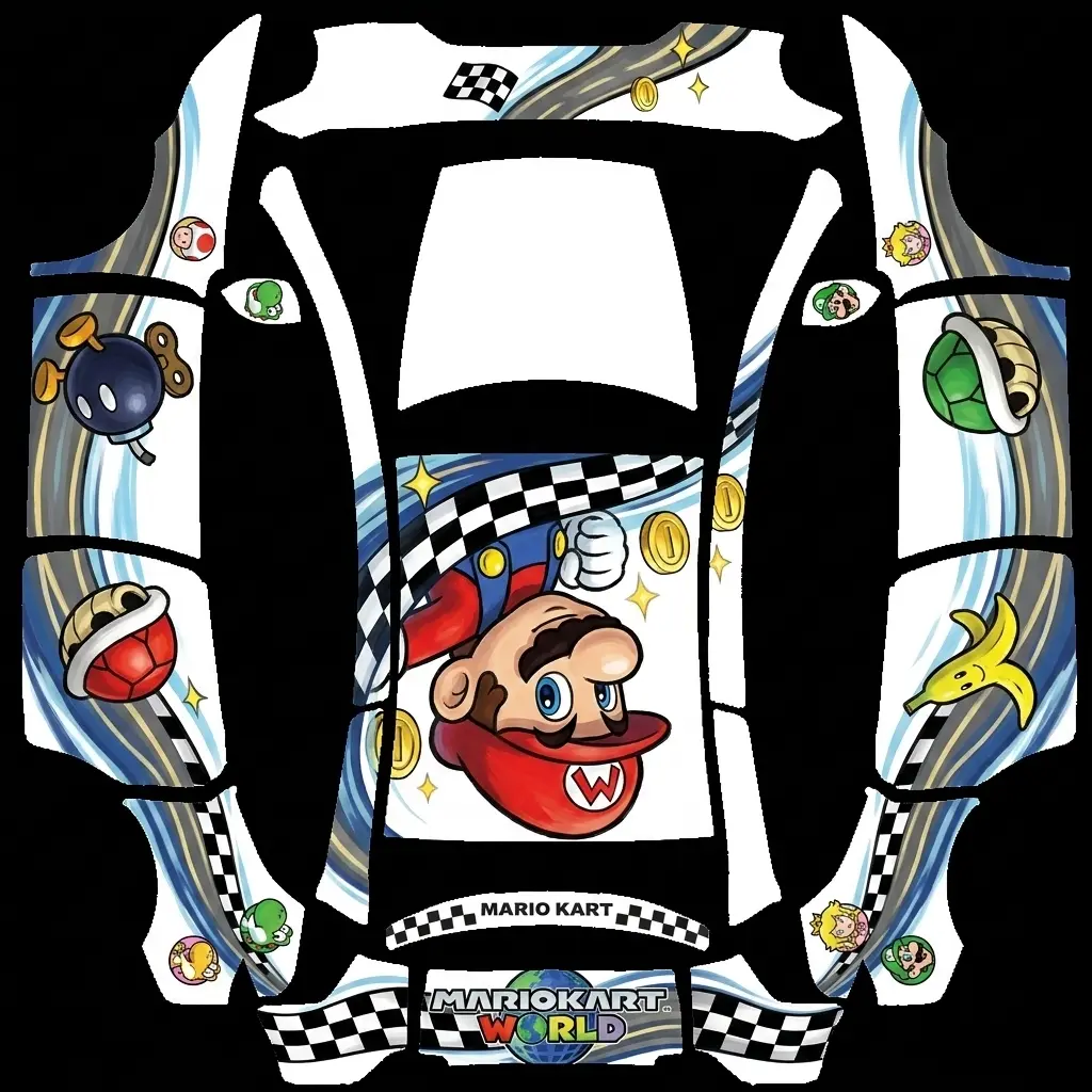 Mario Kart Grand Prix World Tesla Model Y L wrap texture - Create a white Mario Kart inspired wrap with colorful character portraits on the doors and small rac