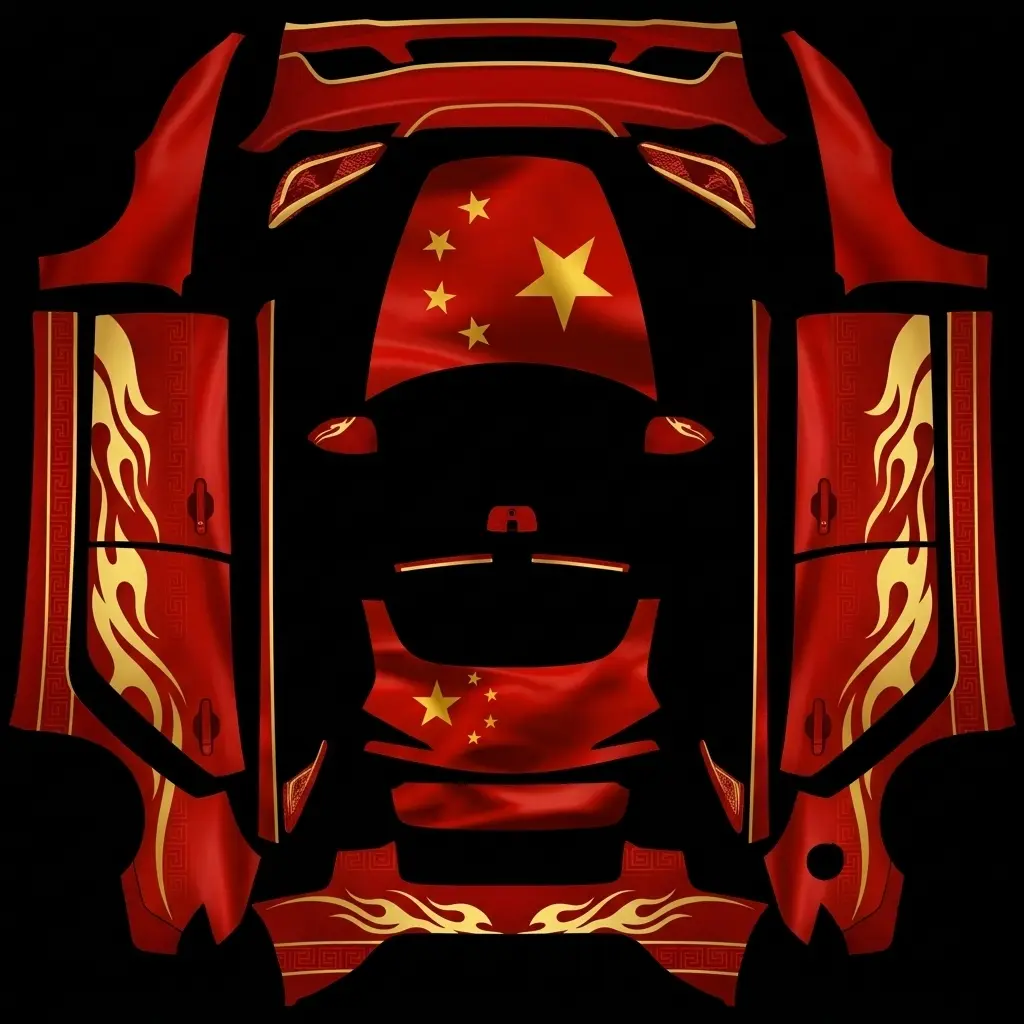 Five-Star Crimson Gold Tribute Tesla Model 3 Highland wrap texture - High-gloss national flag crimson red vinyl wrap featuring large radiant yellow-gold five-pointed sta