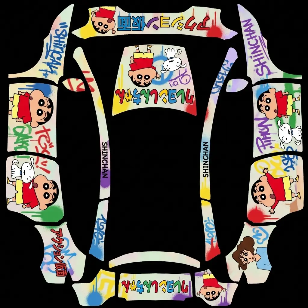 Crayon Shin-chan Comic Doodle Mash Tesla Model Y L wrap texture - Bright white base wrap layered with a dynamic graffiti-style collage of Crayon Shin-chan character i