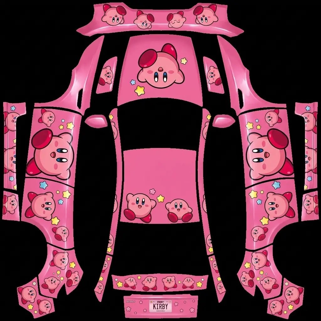 Kirby Pink Playtime Parade Tesla Model Y Juniper Premium wrap texture - Create a pink vehicle wrap featuring large Kirby character illustrations on the hood and doors, with