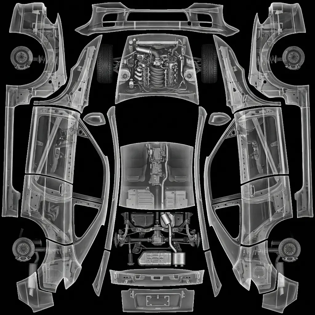 X-Ray Mechanical Blueprint Illusion Tesla Model Y Juniper Premium wrap texture - Create a grayscale vehicle wrap with illustrated mechanical components and technical linework across