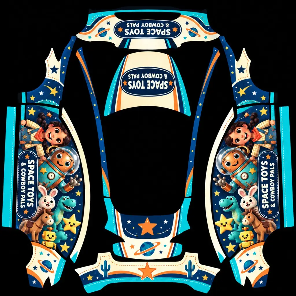 Toy Story Space Ranger Cowboy Tesla Model 3 (Classic) wrap texture - Create a blue and cream Toy Story inspired vehicle wrap with illustrated Woody and Buzz Lightyear ch