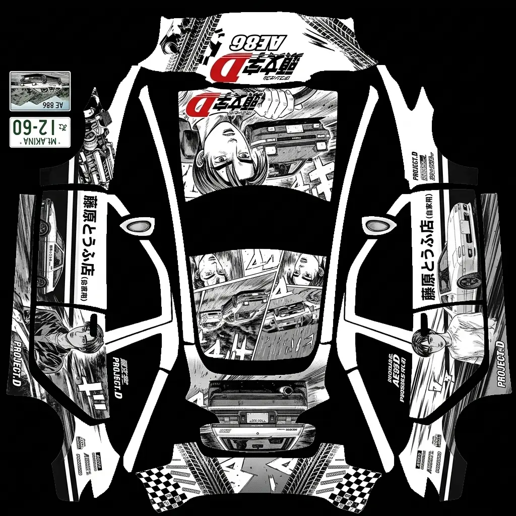 Initial D Tofu Shop Drift Wrap Tesla Model 3 (Classic) wrap texture - Timeless panda-style black and white automotive livery paying homage to the legendary mountain-pass