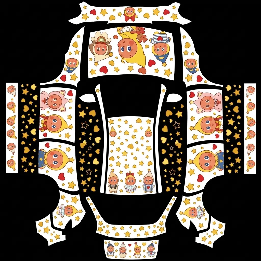Star Kid Warm Character Parade Tesla Model Y Juniper Standard wrap texture - Create a white vehicle wrap with warm orange and yellow toy-like character illustrations across the 