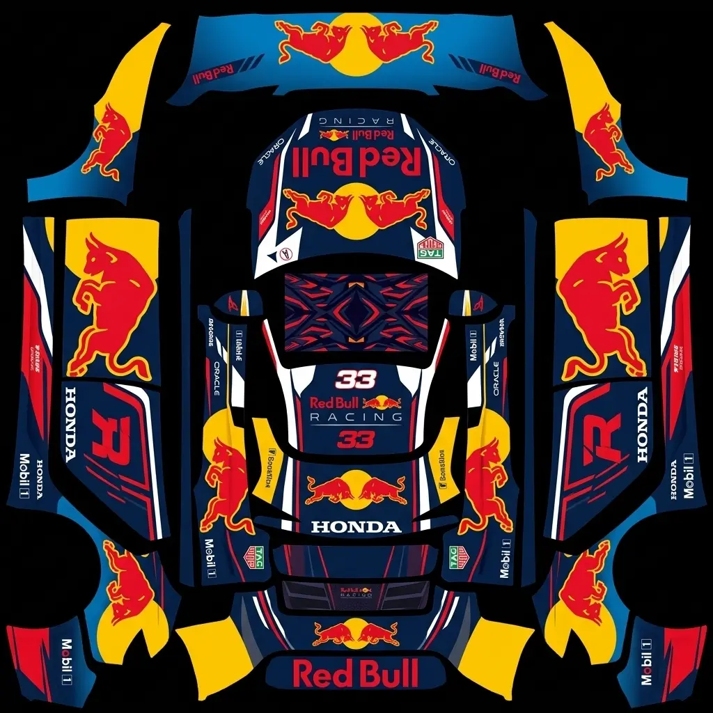 Red Bull Grand Prix Charge Tesla Model 3 Highland wrap texture - Matte midnight navy racing wrap featuring the iconic charging red bulls in front of a golden sun on 