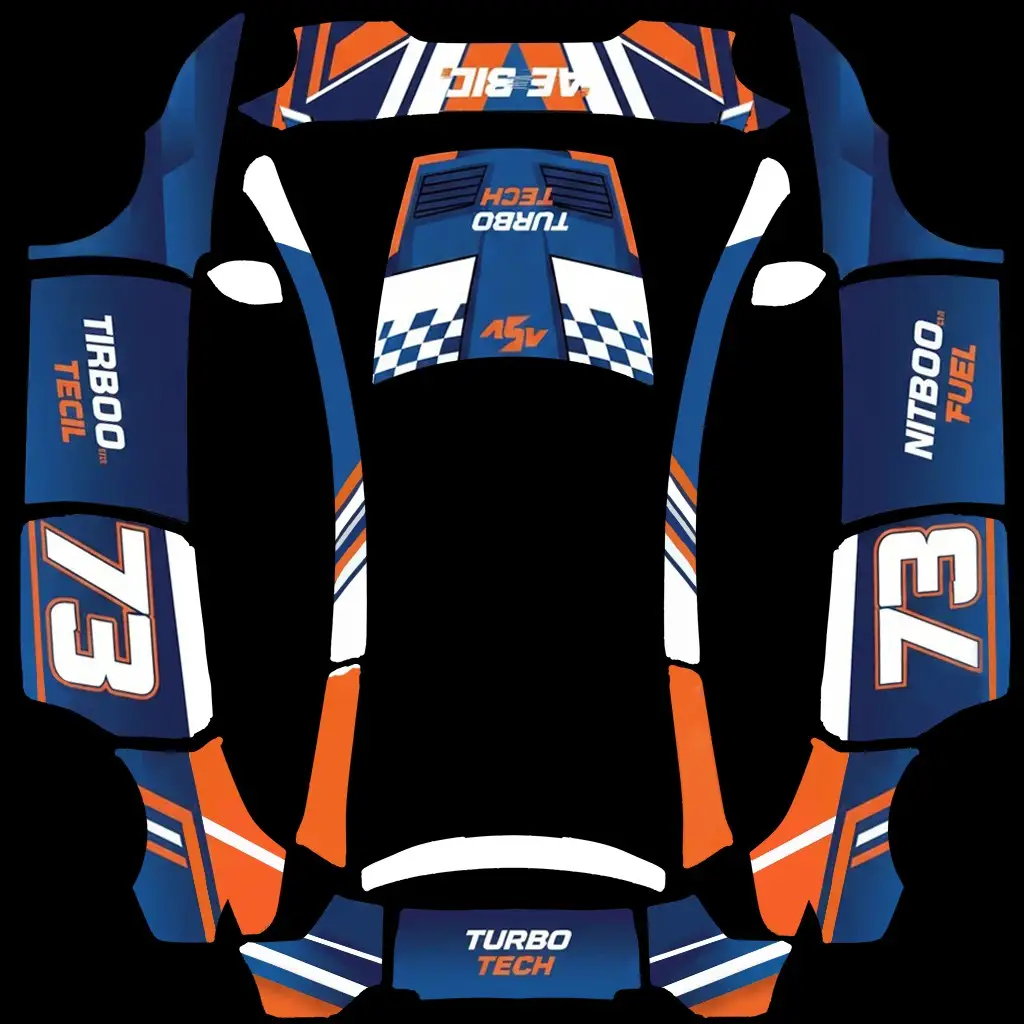 Blue Circuit Number 73 Tesla Model Y L wrap texture - Create a blue touring-car-inspired wrap with large white number 73 graphics on the doors. Add orange