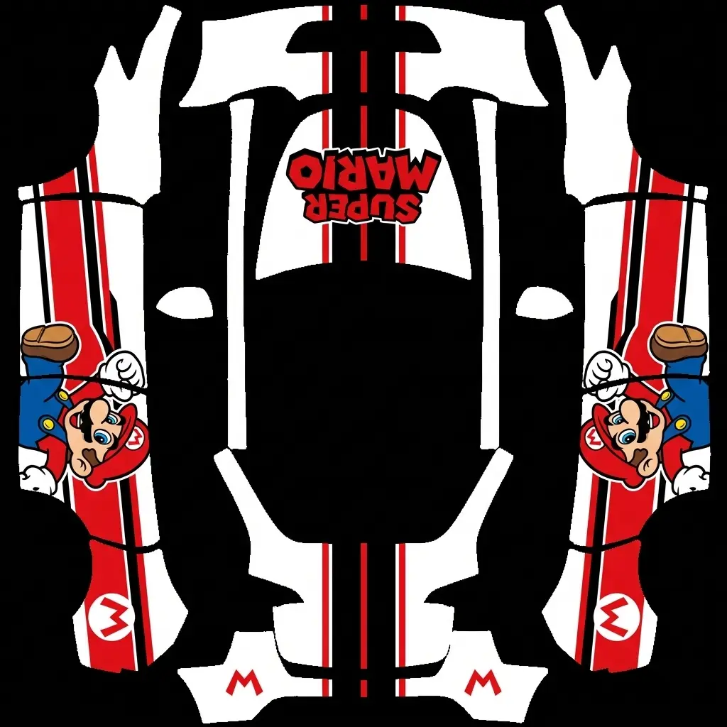 Super Plumber Grand Prix Tesla Model Y (Classic) wrap texture - Bold crimson red and pure white racing wrap featuring illustrated cartoon plumber character graphics