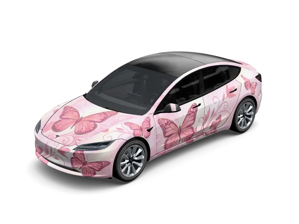 Pink Flutter Tesla model-3-2024-plus wrap - 粉色蝴蝶主题...