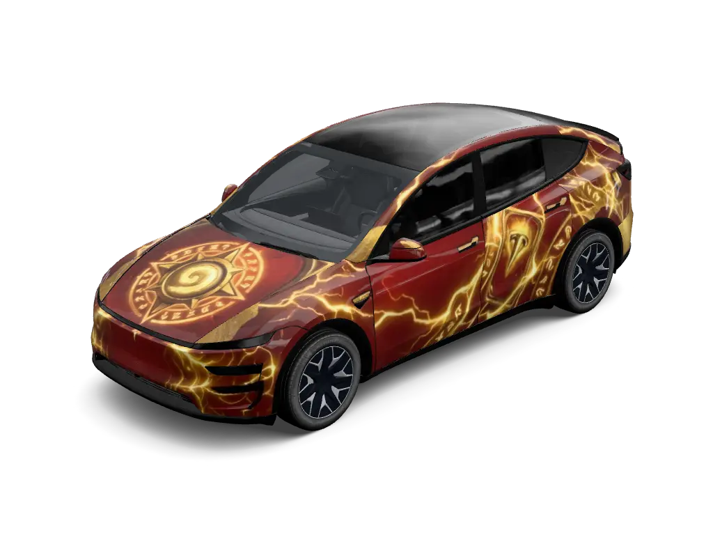 Blazegold Hearth Tesla Model Y L wrap - 主色调为红色，金色如参考图的风格，可以是纹理的形式，车身的图案以精简为主，不要很多很乱的图案，是一眼就可以看出这个是炉石传说游戏为主题的。...