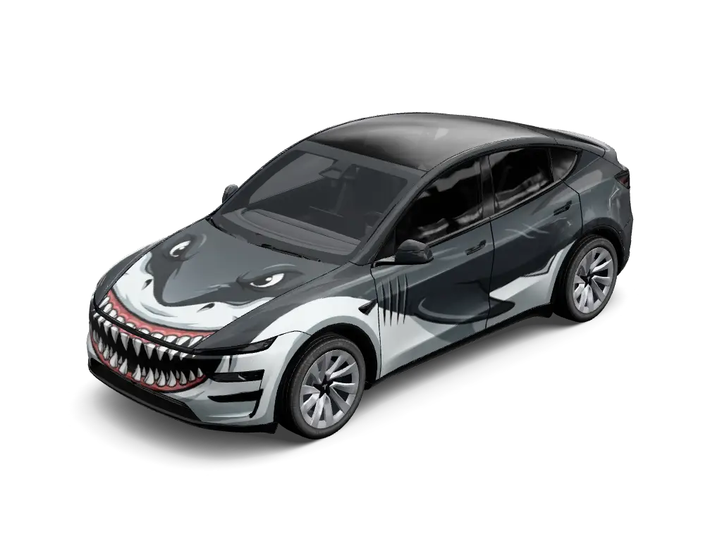 Apex Predator Tesla Model Y Juniper Premium wrap - 鲨鱼车身，整车像一条鲨鱼，背部黑色，腹部白色，车头有牙齿，机盖上有眼睛...