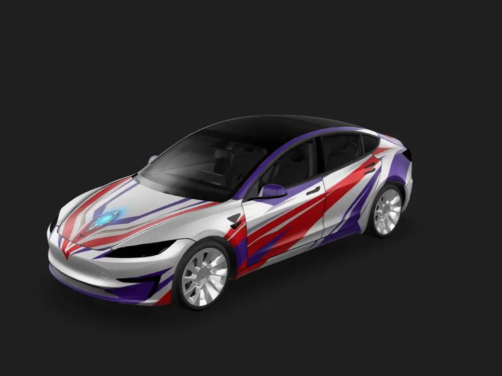 迪迦 Tesla Model 3 焕新版 wrap - 它完全还原了迪迦奥特曼的标志性配色和胸灯元素：
1.车身以银白为基底，紫、红两色线条顺着车身流线延伸，和迪迦的身体纹样完全对应
2.车头正中间加入了发光的奥特曼...