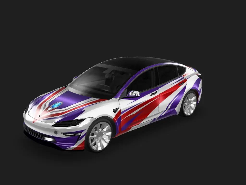 迪迦 Tesla Model 3 焕新版 (Performance) wrap - 它完全还原了迪迦奥特曼的标志性配色和胸灯元素：
1.车身以银白为基底，紫、红两色线条顺着车身流线延伸，和迪迦的身体纹样完全对应
2.车头正中间加入了发光的奥特曼...